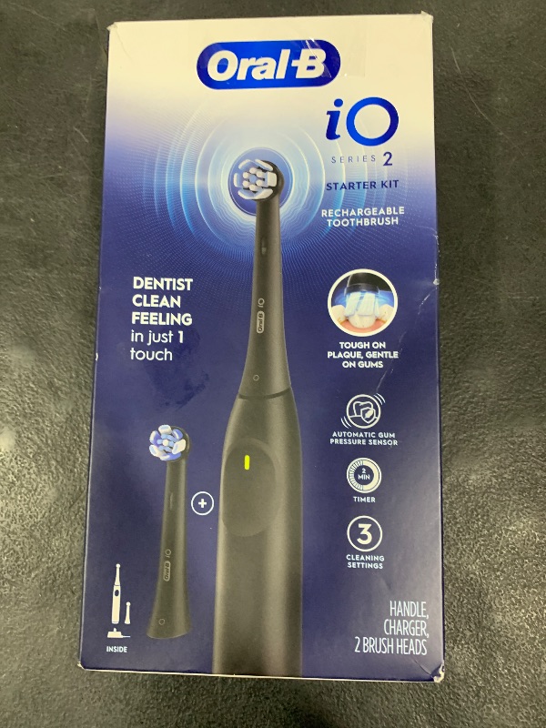 Photo 1 of Oral-B iO Series 2 Rechargeable Electric Powered Toothbrush Starter Kit, Night Black with 2 Brush Heads - Automatic Pressure Sensor to Protect Gums - 3 Modes - 2 Min Timer