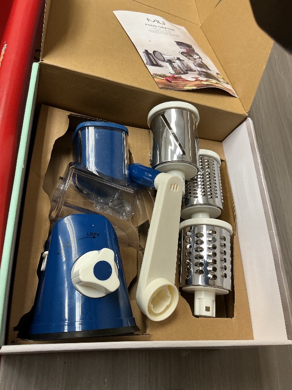 Photo 1 of Cambom Rotary Cheese Grater Hand Crank Cheese Shredder for Fresh Cheese, Vegetable, Nuts,Non-slip Suction Base, Free Cleaning Brush Three Blades,Deep Blue