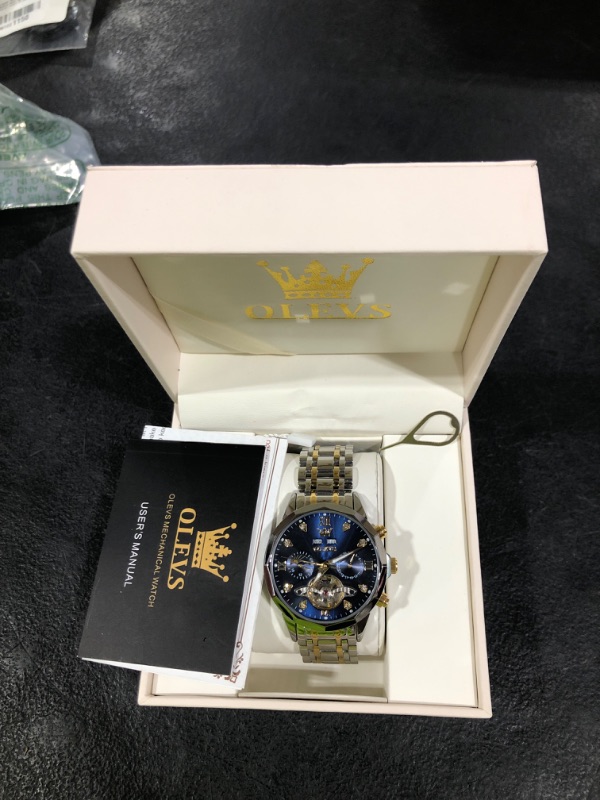 Photo 1 of OLEVS Skeleton Men Watches Automatic Business Luxury Diamond Self Winding Watch for Men Stainless Steel Calendar Blue Wrist Watch