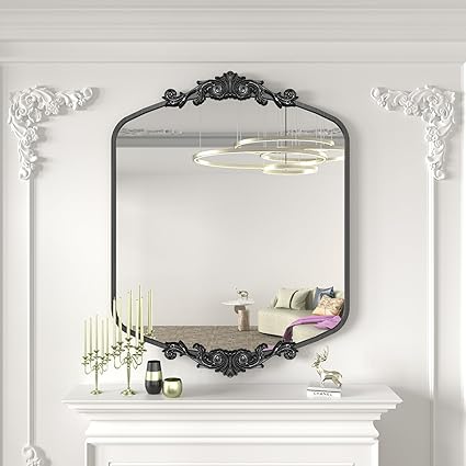 Photo 1 of SMIROR Arched Antique Bathroom Mirror 40x 32, Black Metal Framed Vintage Mirror for Wall, Baroque, Vanity, Mantel