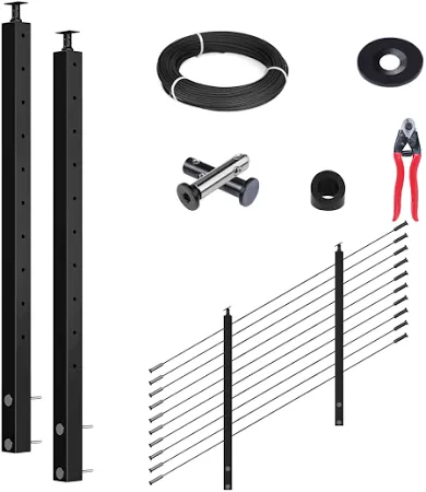 Photo 1 of Muzata 10-15FT Modular Black Side Mount Cable Railing Kit 42 Inch 3 Stair Post Kit Complete Set Cable Railing System for Stairs Length Adjustable with Paper User Guide (No Handrail) RWF1 BA4L
