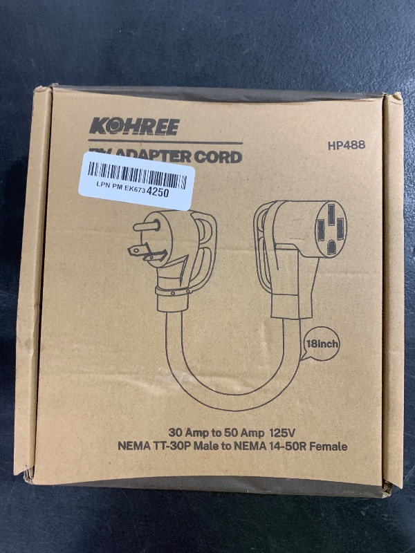 Photo 1 of Kohree 30 Amp to 50 Amp RV Plug Adapter 18", Heavy Duty RV Dogbone Electrical Adapter 30A Male to 50A Female Power Cord with Grip Handle, 125V/3750W