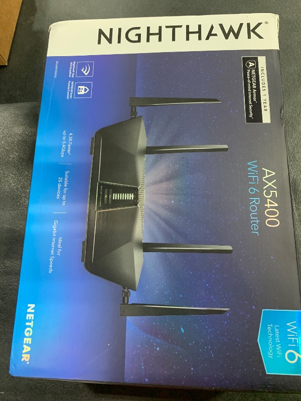 Photo 1 of NETGEAR Nighthawk 6-Stream Dual-Band WiFi 6 Router (RAX54S) – Security Features, AX5400 Wireless Speed, Up to 5.4 Gbps, Covers up to 2,500 sq. ft., 25 Devices - 1-Year Armor Subscription Included