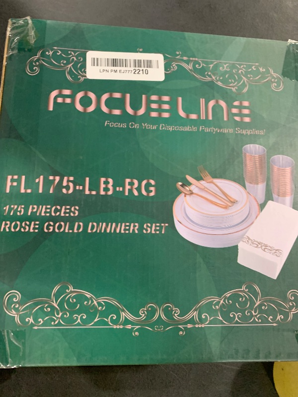 Photo 1 of FOCUSLINE 175 Count Rose Gold Dinnerware Set for 25 Guests - Rose Gold Rimmed White Disposable Plastic Plates Heavy Duty, Includes 25 Dinner & Salad Plates, Cups, Cutlery Set for Wedding Parties