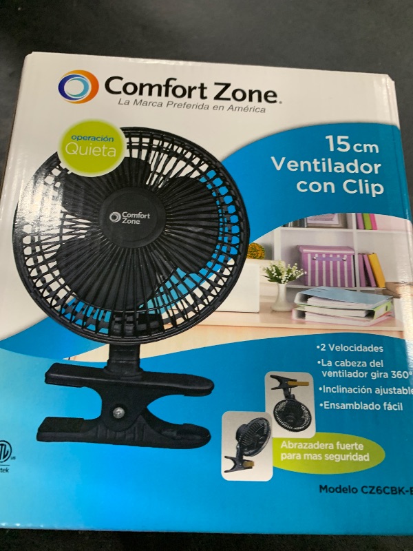 Photo 1 of Comfort Zone Portable Clip on Fan, 6 inch Stroller Fan with Fully Adjustable Tilt, Quiet 2 Speed Bedside Fan, Mini Desk Fan, Table Fan, Easily Clip on to Desk, Stroller or Bedroom Nightstand, Black