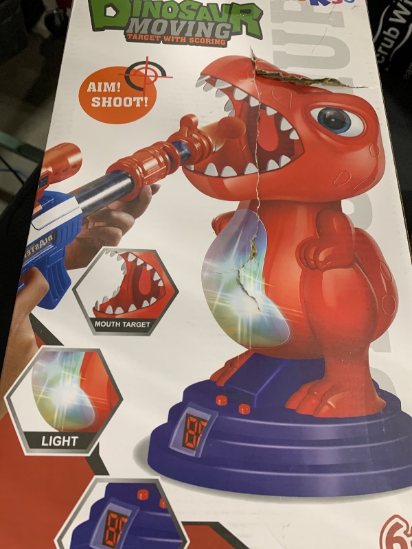 Photo 1 of fygurso Movable Dinosaur Shooting Toys with 2 Air Pump Guns, Shooting Target Games with LED Score Record, Light & Sound, 24 Foam Balls Competition Game Gift for 6 7 8 9 10 Year Old Boys Kids (Red)