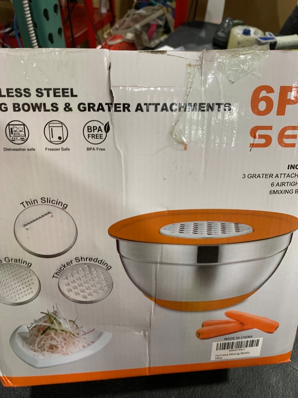 Photo 1 of Fyrnova Mixing Bowls with Lids Set, 6 Piece Stainless Steel Nesting Storage Bowls for Kitchen, with 3 Grater Attachments & Non-Slip Bottoms, Size 5.5,3.5,2.5,2.1,1.5,1.1 QT