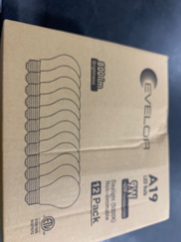 Photo 1 of evelor A19 LED Light Bulbs,60 Watt Equivalent Daylight 5000K with E26 Base,Efficient 9W,800 Lumens Non-Dimmable LED Bulbs,15000 Hours, Ideal for Bedroom Living Room, 12-Packs