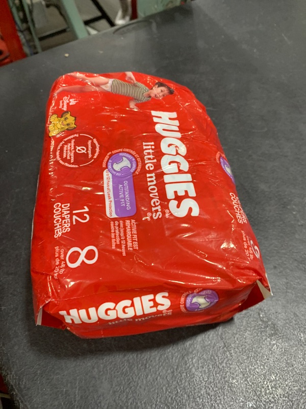Photo 1 of Huggies Size 8 Diapers, Little Movers Baby Diapers, Size 8 (46+ lbs), 12 Ct, Packaging May Vary