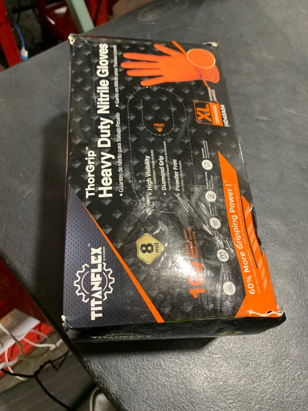 Photo 1 of TitanFlex ThorGrip Heavy Duty Industrial Orange Nitrile Gloves, 8-mil, Gloves Disposable Latex Free with Raised Diamond Texture Grip, Powder Free, Rubber Gloves, Mechanic Gloves,100-ct Box (XL)