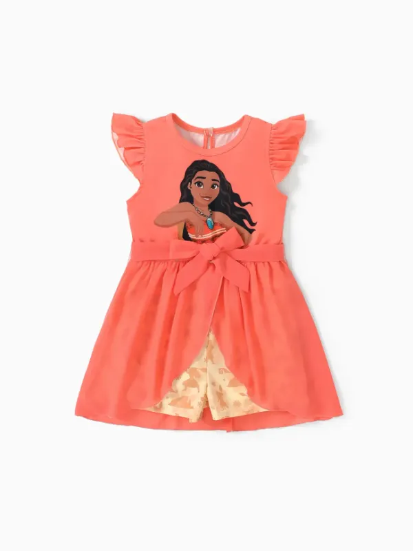 Photo 1 of Disney Princess Ariel/Jasmine/Rapunzel/Moana 1 pc Toddler Girl Character Print Bowknot Mesh Ruffled Romper, Size 3 years old