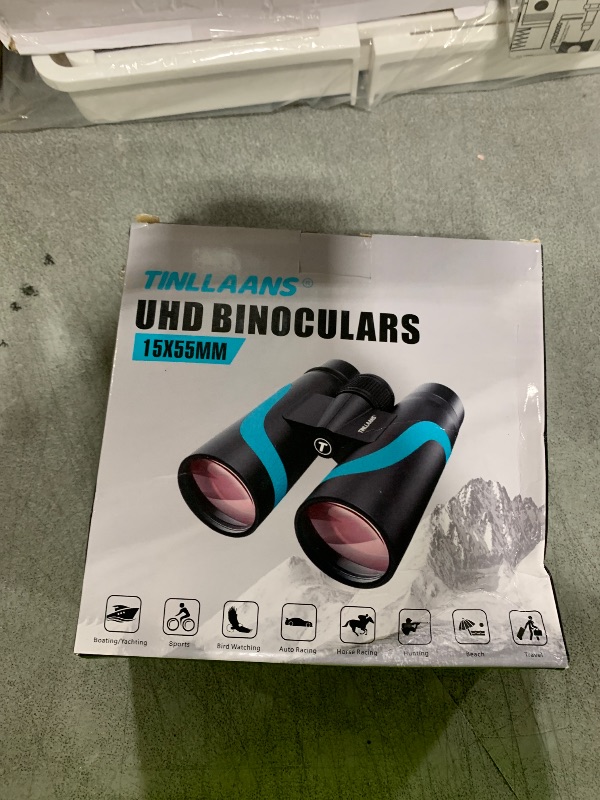 Photo 1 of Tinllaans 15x55 HD Binoculars for Adults, High Powered, Large View, BAK4 Prism, Waterproof, Lightweight for Bird Watching, Hiking, Travel, Cruise Trip with Phone Adapter (Blue)