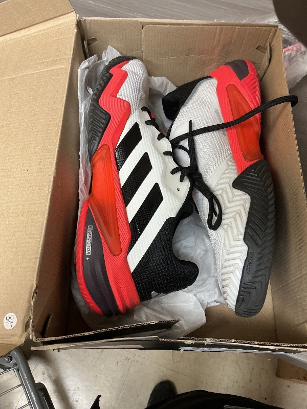 Photo 1 of adidas Men's Barricade 13 Tennis Sneaker, White/Black/Lucid Red, 10