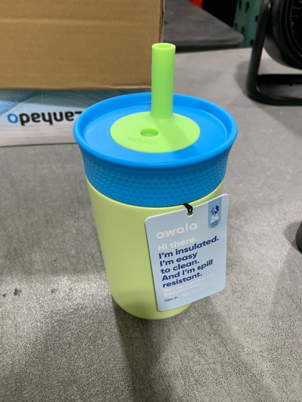 Photo 1 of Owala Kids Insulation Stainless Steel Tumbler with Spill Resistant Flexible Straw, Easy to Clean, Kids Water Bottle, Great for Travel, Dishwasher Safe, 12 Oz, Blue and Light Green (Turtley Awesome)