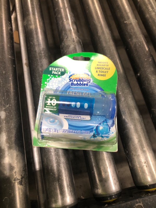Photo 1 of Scrubbing Bubbles Fresh Gel Toilet Bowl Cleaning Stamps, Helps Keep Toilet Clean and Helps Prevent Limescale & Rings, Rainshower Scent, 1 Dispenser with 6 Fresh Gel Stamps