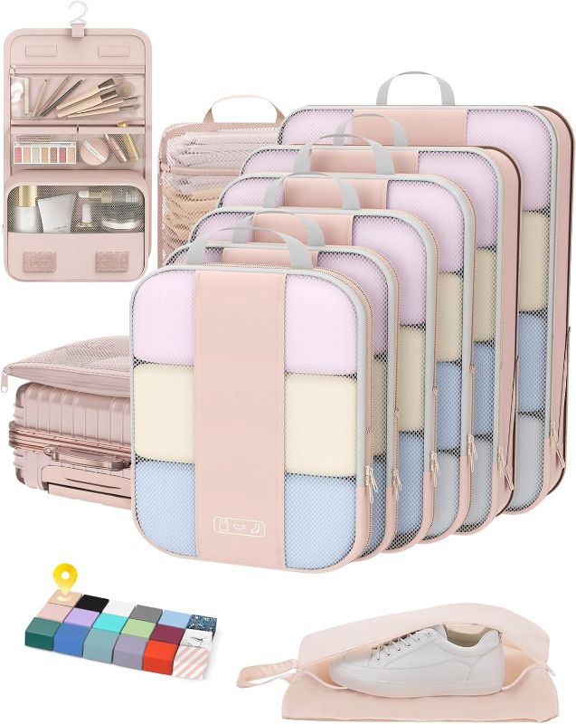 Photo 1 of 10 Set Compression Packing Cubes for Travel Women Mom,OlarHike Luggage Clothes Storage Gifts for Travelers,Airplane/Cruise/Car/Train Travel Essentials,Compressible Expandable Saver Space Bags(Beige)
