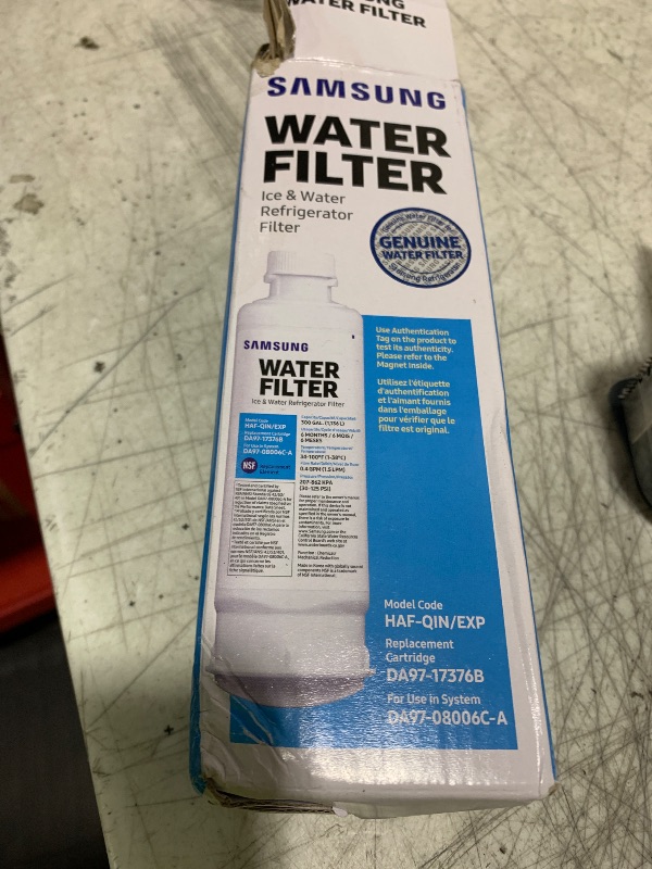 Photo 1 of SAMSUNG Genuine Filter for Refrigerator Water and Ice, Carbon Block Filtration, Reduces 99% of Harmful Contaminants for Clean, Clear Drinking Water, 6-Month Life, HAF-QIN/EXP, 1 Pack
