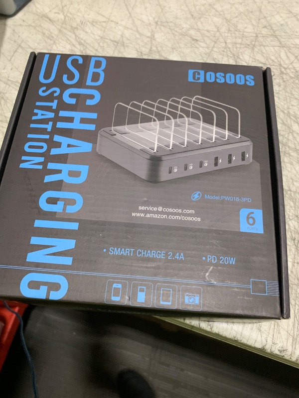 Photo 1 of COSOOS PD USB-C Charging Station for iPhone 16 Pro, 81 W 6-Port USB Charging Station for Multiple Devices with 3 * 20W USB-C Charger & 6 Mixed Short Cables, Fast USB Charger Station,Silver White