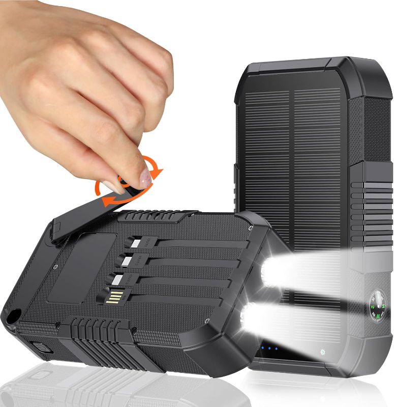 Photo 1 of Solar Power Bank, 66800mAh, Hand Crank, 22.5W USB-C Fast Charging, 6 Outputs & 4 Inputs, SOS/Strobe/Compass, for Camping/Hiking/Trips (Black)