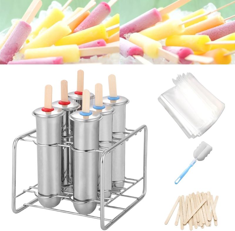 Photo 1 of Set of 6 Stainless Steel Popsicle Molds Kit, Metal Popsicle Moulds,Homemade Ice Treat Makerwith 50 Wooden Sticks and 6 Silicone Seals and 20 Pop Bags,Cleaning Brush