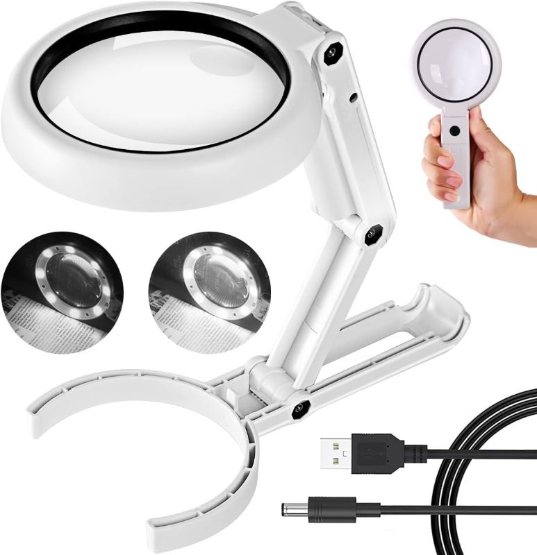Photo 1 of 30X 10X Magnifying Glass with Light and Stand, Foldable Handheld Magnifying Glass & 2 Level Dimmable for Macular Degeneration, Seniors Reading, Close Work, Coins, Jewelry, Powered by Battery or USB