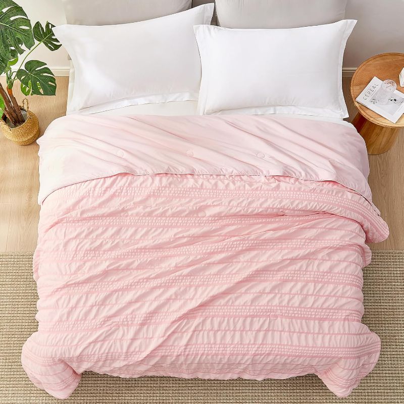Photo 1 of Cozy Bliss Seersucker Cooling Comforter Queen Size, Q-Max 0.45 Reversible Lightweight Cooling Blanket, Breathable Silk Smooth Summer Bedding Quilt for Hot Sleepers Night Sweats Pink