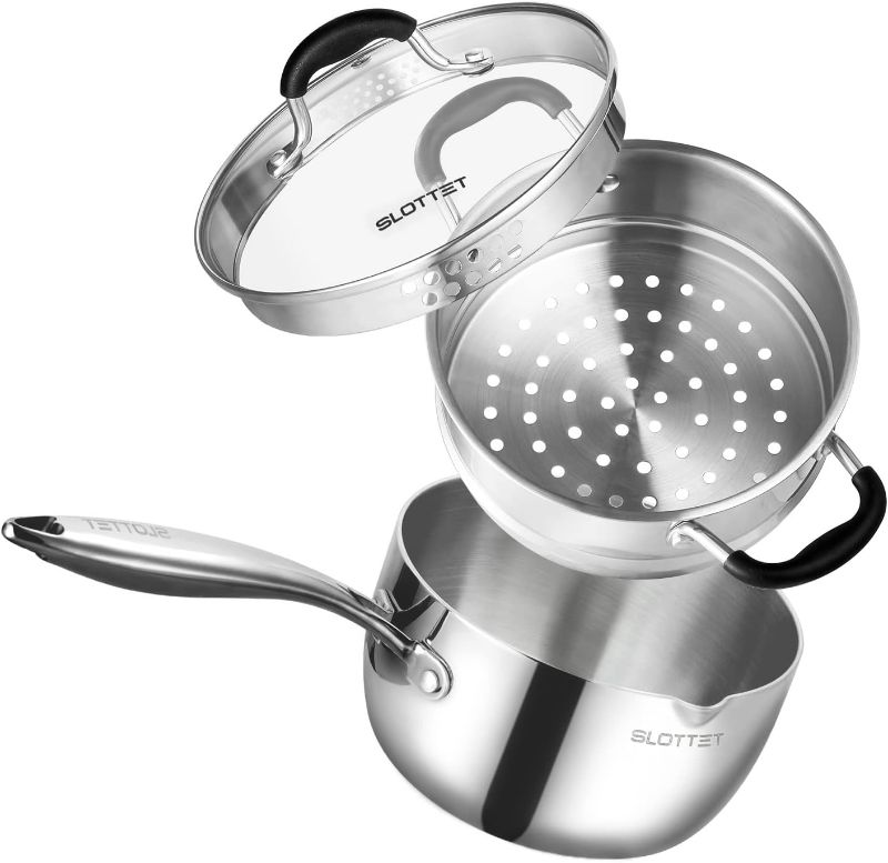 Photo 1 of Tri-Ply Whole-Clad Stainless Steel Saucepan with Steamer,2.5 Qt Small Multipurpose Pot with Pour Spout,Strainer Glass Lid, 2 Quart Sauce Pan for Cooking with Stay-cool Handle.