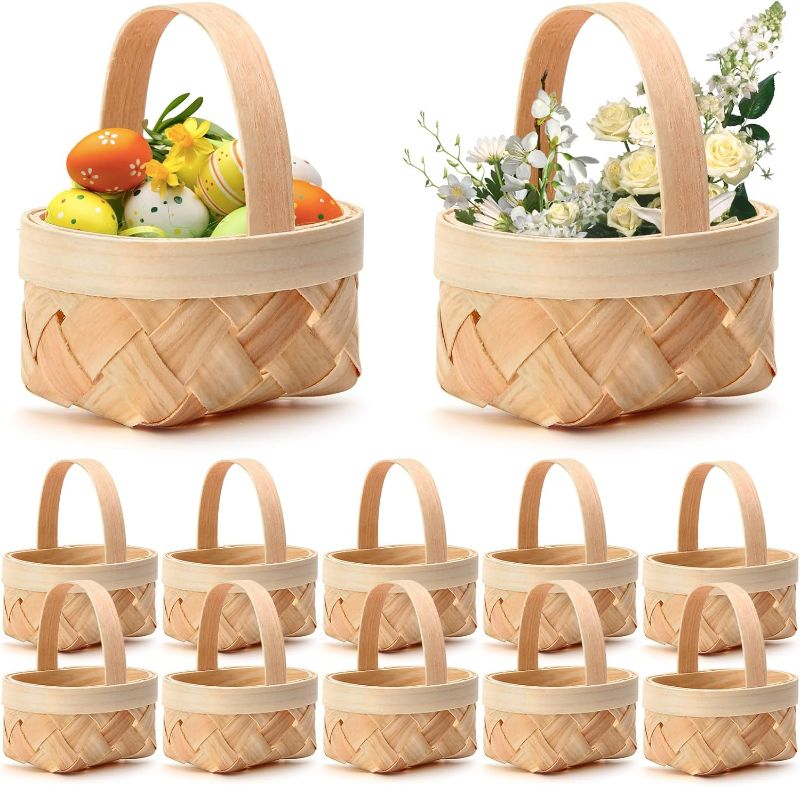 Photo 1 of 24Pcs Mini Picnic Basket With Handle, Small Woven Wooden Berry Strawberry Basket With Handle Bulk For Wedding Party Favor Farmhouse Decor