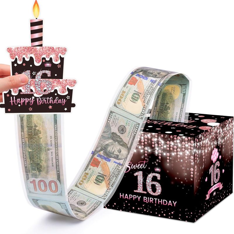 Photo 1 of Sweet 16th Birthday Money Box for Cash Gift, Surprise Pull Out Money Gift Box with 100Pcs Transparent Bags - Fun Ways to Give Cash as A 16th Birthday Gift for Girls