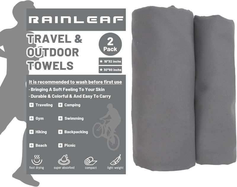 Photo 1 of Rainleaf 2 Pack Microfiber Quick Dry Travel Towel, Super Absorbent Ultra Compact Lightweight Camping Towel for Gym, Hiking, Pool, Yoga - Gray