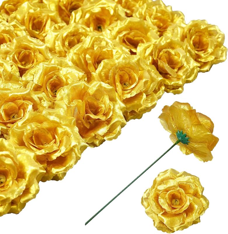 Photo 1 of 50 Pack Gold Roses Artificial Flowers Bulk,Fake Rose 3 Inches and 6 Inches Stem?Used for Wedding Decoration DIY Handmade Flowers Silk (Gold)