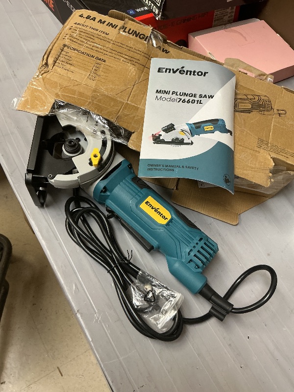 Photo 1 of Enventor Mini Circular Saw, 4.8A Electric Circular Saws Corded with Laser Guide, 4000RPM, 3 Saw Blades 3-3/8" Max Cutting Depth 1-1/16", Compact, Power for Wood, Soft Metal, Tile, Plastic