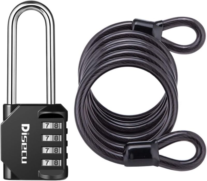 Photo 1 of 1 Pack disecu 4 Digit Combination Lock, 2.6 Inch Long Shackle Outdoor Waterproof Padlock with Heavy Duty Steel Cable for Bike, Gate, Fence (Black)