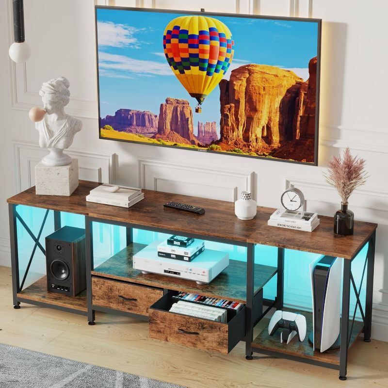 Photo 1 of TV Stand with Fabric Drawer - Entertainment Center and Industrial TV Console Table with Open Storage Shelves for Living Room, Bedroom - 55.1" Rustic Brown