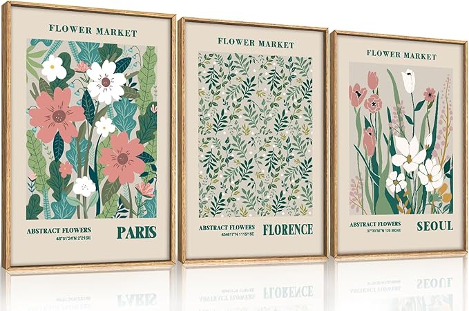Photo 1 of HLNIUC Flower Market Wall Art Prints, Boho Floral Wall Decor, Large Matisse Sage Green 16"x24" Framed Art Set of 3, Abstract Colorful Botanical Painting for Living Room, Bedroom, Office