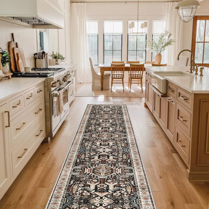 Photo 1 of Washable Kitchen Runner Rug - 2x10 Hallway Rug Distressed Mats Non-Slip Soft Room Floor Carpet for Dining Room (Black, 2 x 10)