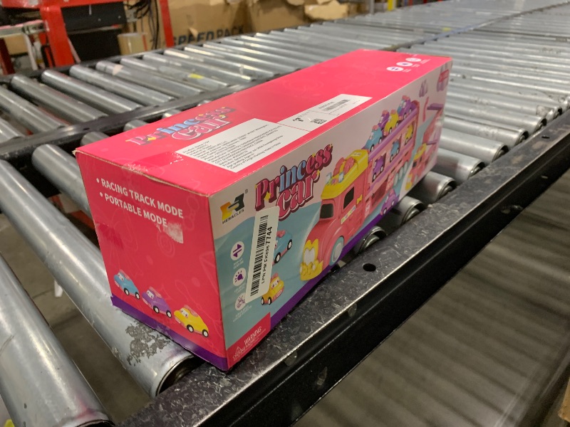 Photo 1 of ITEFDTUTNE Carrier Truck Car Track Set for Toddlers Toys, 4 FT Race Track and 6 Die-Cast Toy Cars, Truck Toy with Lights & Sounds Xmas Gifts for 3 4 5 6 7 8 Years Old Kids Boys Girls (Pink)