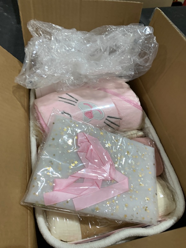 Photo 1 of 27-Piece Baby Girl Shower Gift Basket Set - Newborn Essentials, Large Pink Gift Basket With Rattle, Swaddle, Diaper Caddy Organizer
