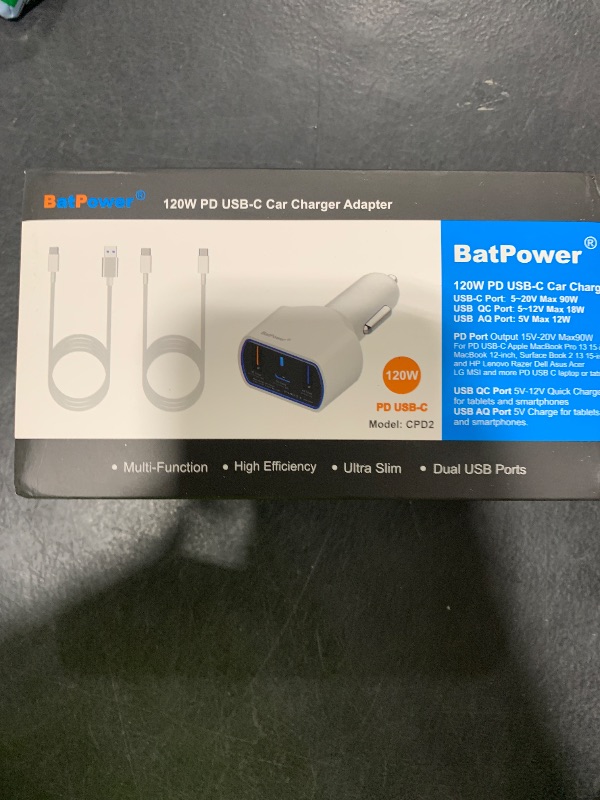 Photo 1 of BatPower High Power Delivery 120W PD Laptop Car Charger Compatible with New Surface Book 3 2 Laptop 4 3 Pro 8 X 7 USB-C HP Razer Dell Notebook Vehicle Charger DC 12v-24v auto Power Supply Dual USB QC