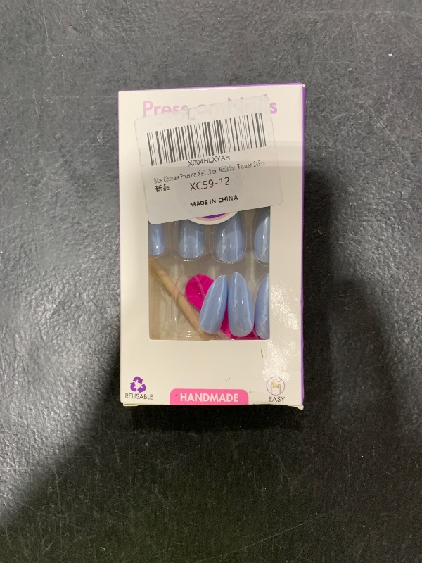 Photo 1 of Blue Glazed Donut Press on Nails Almond, Light Blue Chrome Nails Press ons for Women, Thick Aurora Glue on Nails Medium Length, Reflective Mirror Shinny Acrylic Nails Light Weight & Fit Perfectly