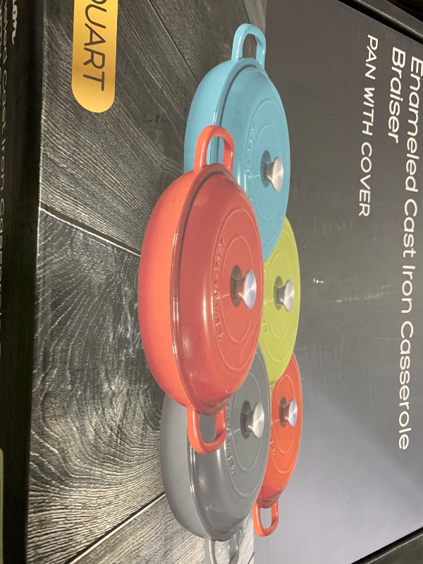Photo 1 of Bruntmor 3.8 Quart Dutch Oven Pot with Lid - Enameled Cast Iron Paella Pan - Ceramic Coated Cast Iron Braiser Pan for Baking, Braising, Roasting, Slow Cooking, and Stovetop Use - Gradient Red