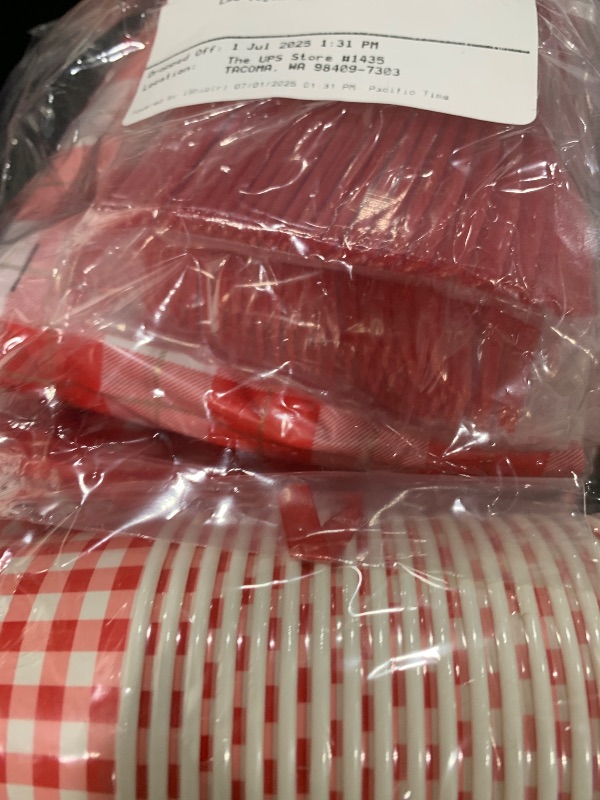Photo 1 of Gatherfun Gingham Red and White Party Supplies Disposable Paper Plates Napkins Cups Knives Spoons Forks Tablecloth Banner for Birthday Party Family Dinner Picnic Barbecue Mother's Day Party, Serve 25