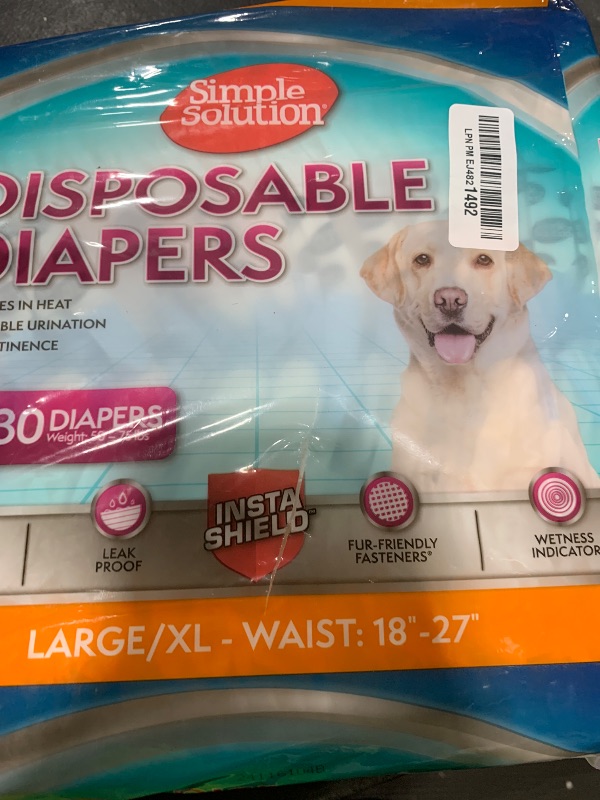 Photo 1 of Simple Solution Disposable Dog Diapers, Female Dog Diapers, Puppy Potty Training, Incontinence and Heat Cycle Protection, Large Diapers for Dogs, 18-27 Inch Waist, 30 Count