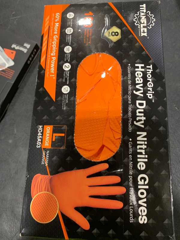 Photo 1 of TitanFlex ThorGrip Heavy Duty Industrial Orange Nitrile Gloves, 8-mil, Gloves Disposable Latex Free with Raised Diamond Texture Grip, Powder Free, Rubber Gloves, Mechanic Gloves,100-ct Box (Large)