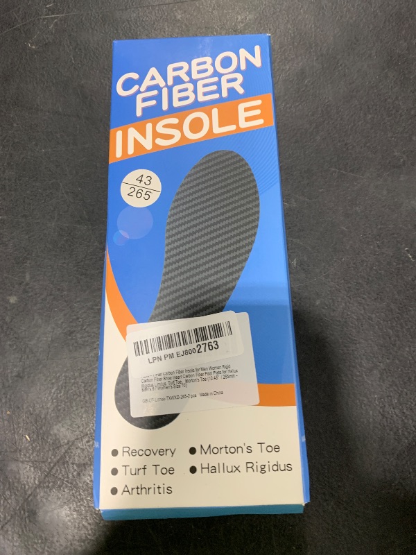 Photo 1 of 1 Pair Carbon Fiber Insole for Men Women Rigid Carbon Fiber Shoe Insert Carbon Fiber Foot Plate for Hallux Rigidus Limitus, Turf Toe?Morton's Toe (10.45” / 265mm - Men's 9 / Women's Size 10), Black