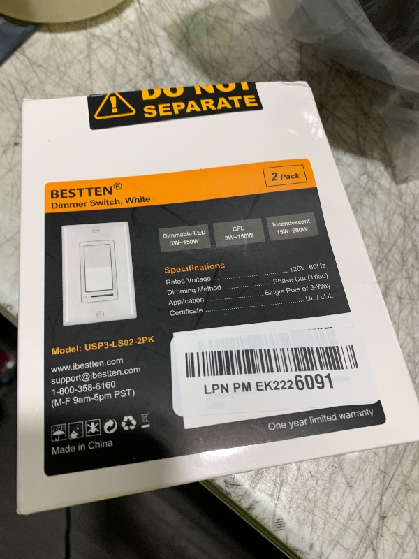 Photo 1 of BESTTEN 2 Pack Dimmer Light Switch, Universal Lighting Control, Single Pole or 3 Way, Compatible with LED Dimmable Lamp, CFL, Incandescent, Halogen Bulb, Decorator Wallplate Included, UL Listed, White