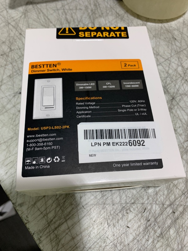 Photo 1 of BESTTEN 2 Pack Dimmer Light Switch, Universal Lighting Control, Single Pole or 3 Way, Compatible with LED Dimmable Lamp, CFL, Incandescent, Halogen Bulb, Decorator Wallplate Included, UL Listed, White