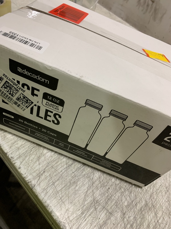 Photo 1 of DECADORN 12oz 20pcs Juice Bottles With Caps - MADE IN USA Juice Containers With Lids For Fridge - Juicer Bottles With Tamper Evident Caps, Shatterproof, BPA-Free, Leak proof, Disposable & Recyclable