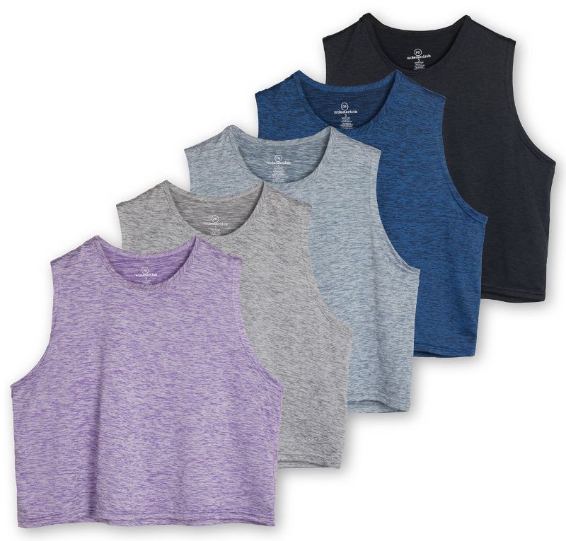 Photo 1 of 5 Pack: Womens Summer Cute Crop Tank Top Shirt Trendy Dry Fit Ladies Tops Tees Athletic Yoga Workout Running Gym Active Cropped Exercise Women Loose Fit Sleeveless Fitness Tanks Camisole - Set 7, M