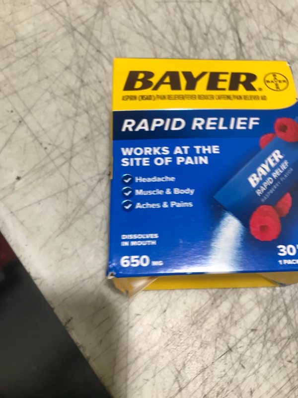 Photo 1 of Bayer Rapid Relief Powder Packs with Aspirin & Caffeine, Dissolvable Fast Acting Pain Relief for Headache, Muscle and Body Pain, Raspberry Flavor (Packaging may vary), Pack of 3 x 10 Count
Exp 01/2027